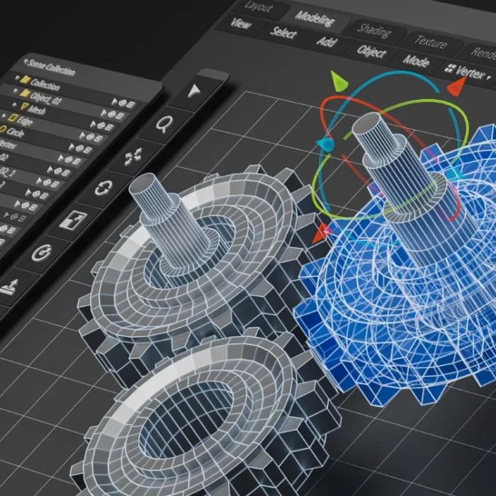 Die Benutzeroberfläche der 3D-Modellierungssoftware zeigt zwei gerenderte Zahnradmodelle, eines als Drahtgittermodell und eines in der Volumenansicht. Verschiedene Bearbeitungsoptionen und numerische Einstellungen sind auf der linken Seite sichtbar, über den Zahnrädern befinden sich Transformationswerkzeuge.