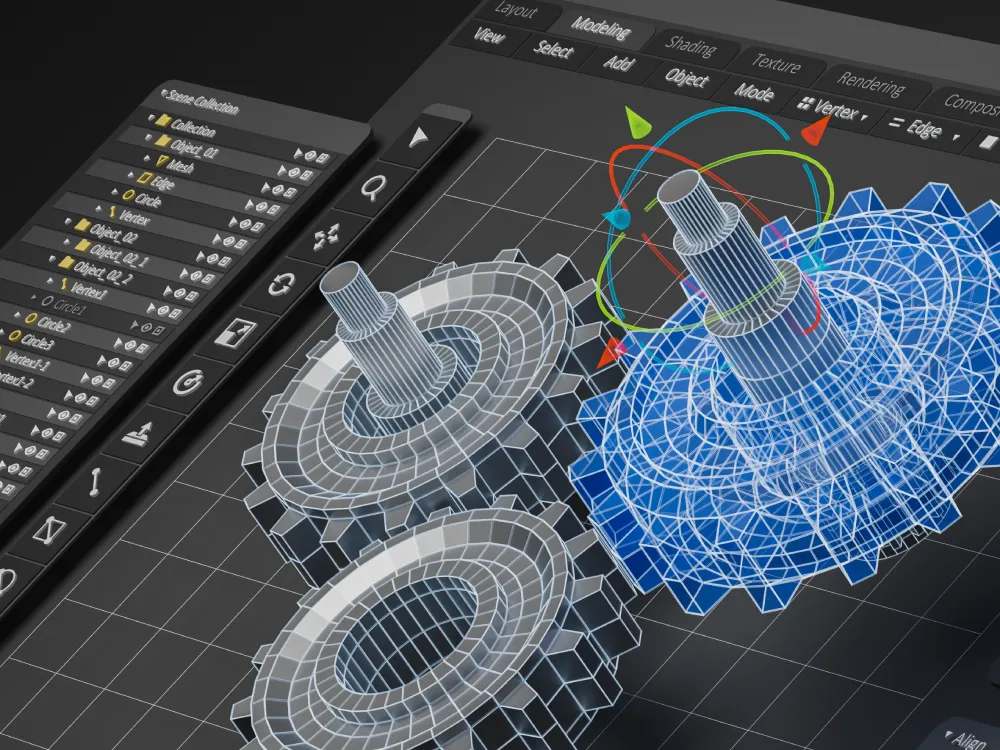 Die Benutzeroberfläche der 3D-Modellierungssoftware zeigt zwei gerenderte Zahnradmodelle, eines als Drahtgittermodell und eines in der Volumenansicht. Verschiedene Bearbeitungsoptionen und numerische Einstellungen sind auf der linken Seite sichtbar, über den Zahnrädern befinden sich Transformationswerkzeuge.