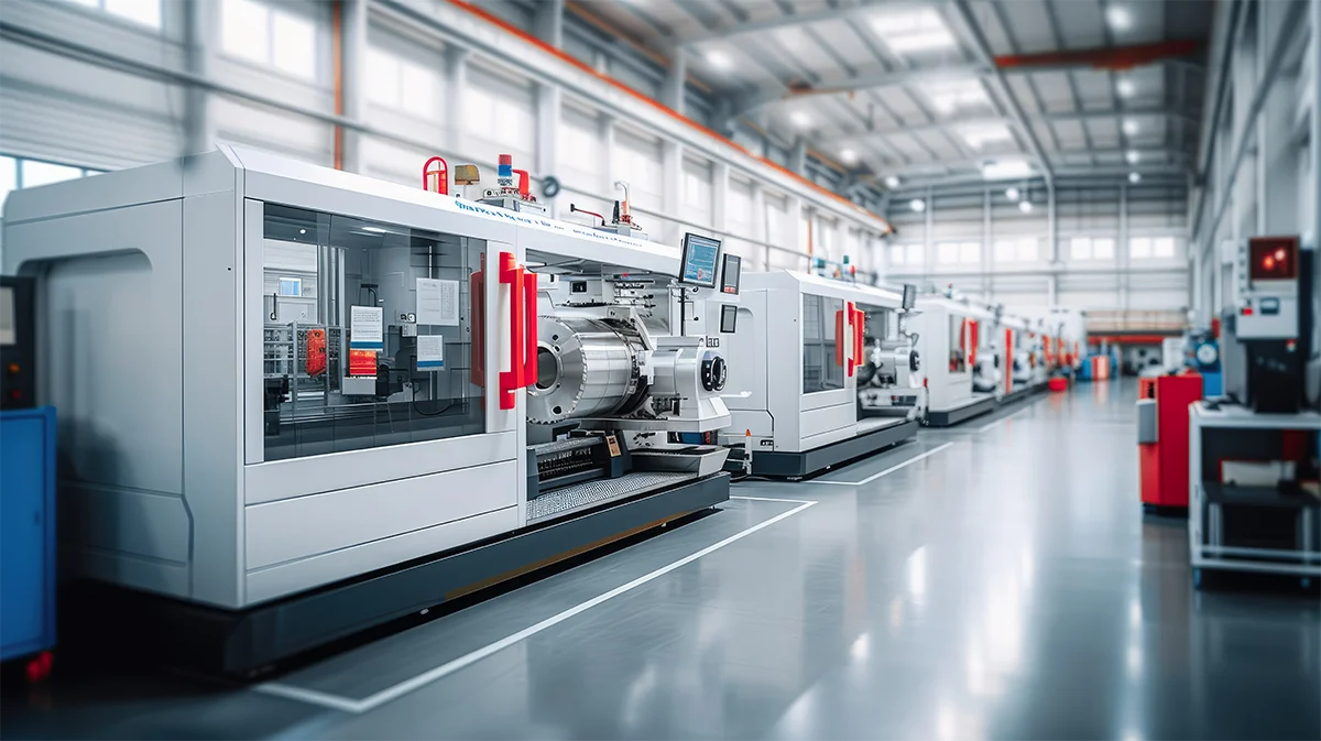 Eine moderne Fabrikhalle mit einer automatisierten CNC-Maschinenlinie. Die Maschinen sind in einer Reihe angeordnet und verfügen über digitale Bildschirme und Bedienfelder. Die Halle ist gut beleuchtet, mit großen Fenstern und einem sauberen, polierten Boden.