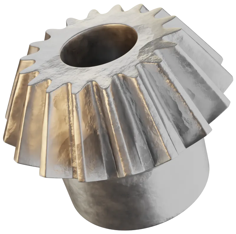 Ein metallisches Kegelrad mit glänzendem Silber- und Goldfinish, einer glatten zylindrischen Basis und einer geriffelten Oberseite. Das Zahnrad hat ein zentrales Loch und eine detaillierte Textur.