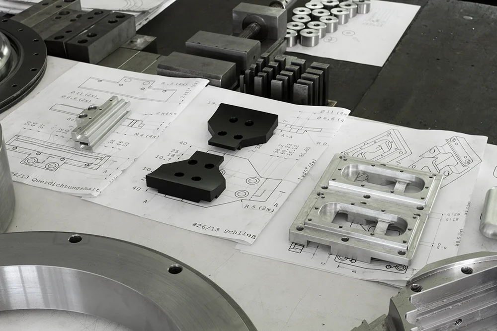 Verschiedene Metallkomponenten sind auf einem Tisch über technischen Bauplänen angeordnet. Die Teile bestehen aus bearbeiteten Metallstücken und rechteckigen Blöcken und vermitteln einen taktilen Eindruck einer Arbeitsumgebung.