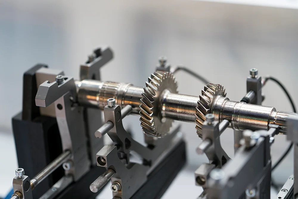 Nahaufnahme einer mechanischen Zahnradanordnung. Sie zeigt ineinandergreifende Metallzahnräder auf einer Welle, umgeben von Klammern und Metallkomponenten. Die Anordnung ist wahrscheinlich Teil einer Industriemaschine oder eines Feinmechanikprojekts.